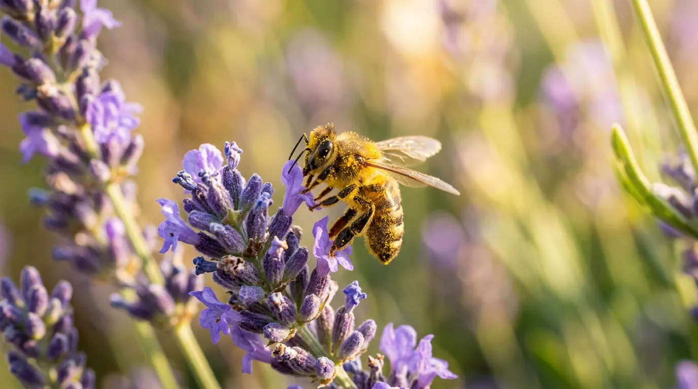 A honeybee covered in pollen landing on lavender flowers