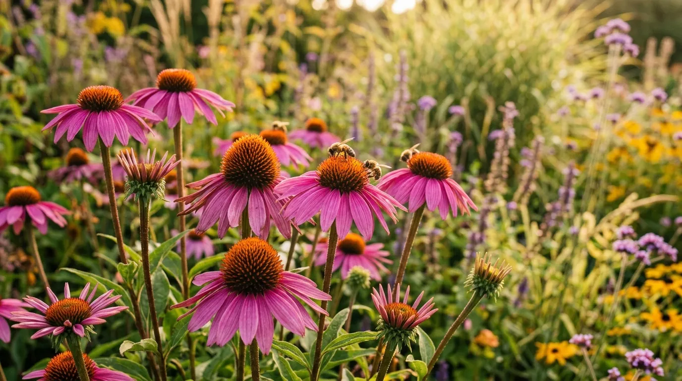 Purple coneflowers in a garden border with bees visiting the blooms