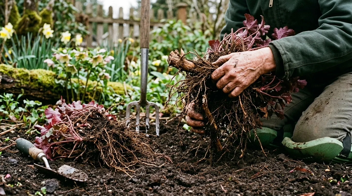 Gardener dividing an established coral bells clump in early spring with a garden fork
