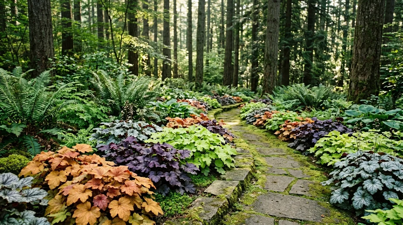 Pacific Northwest shade border with amber, purple, lime, and silver coral bells cultivars in dappled morning light