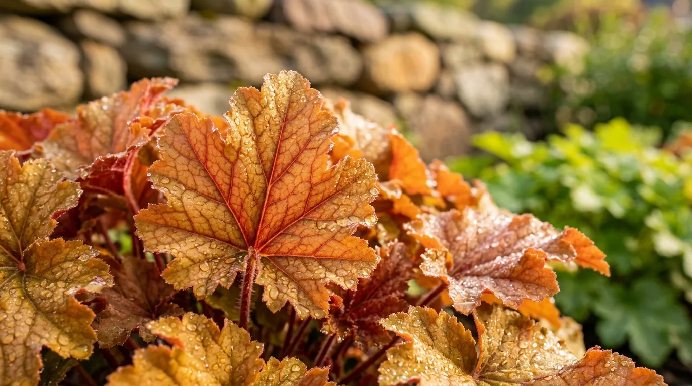 Close-up of Heuchera 'Marmalade' with rich amber-orange ruffled leaves and morning dew