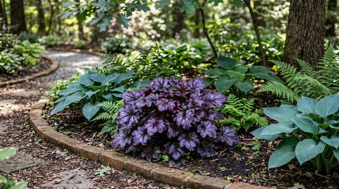 Heuchera 'Forever Purple' in a North Carolina shade border with hostas and ferns