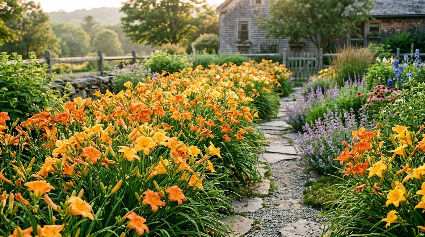 A mass planting of orange and yellow daylilies along a garden path