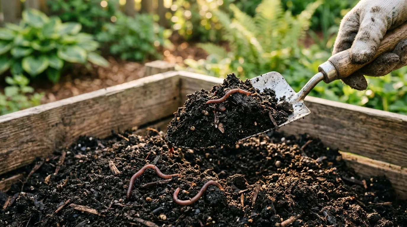 Dark rich finished compost being scooped with a garden trowel