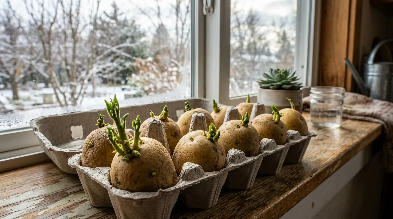 Close-up of seed potatoes chitting on an egg carton on a sunny windowsill