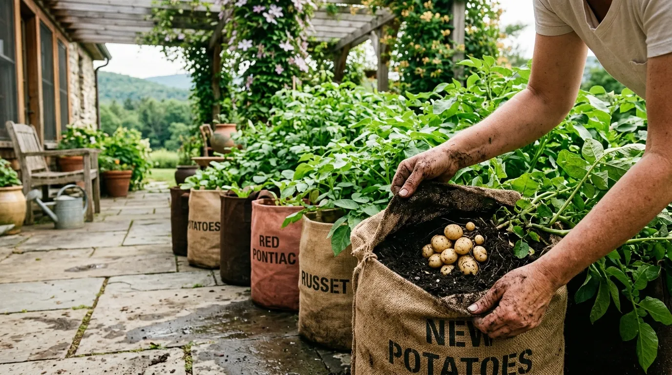 Potato grow bags on a Vermont patio with foliage spilling out, hands lifting one bag's flap