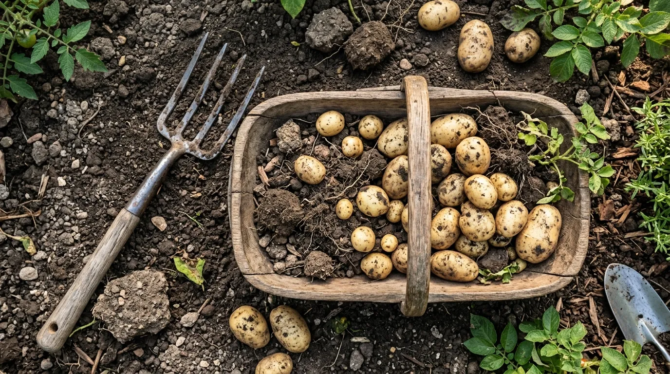 Overhead flat-lay of just-dug Yukon Gold potatoes in a wooden trug with a garden fork