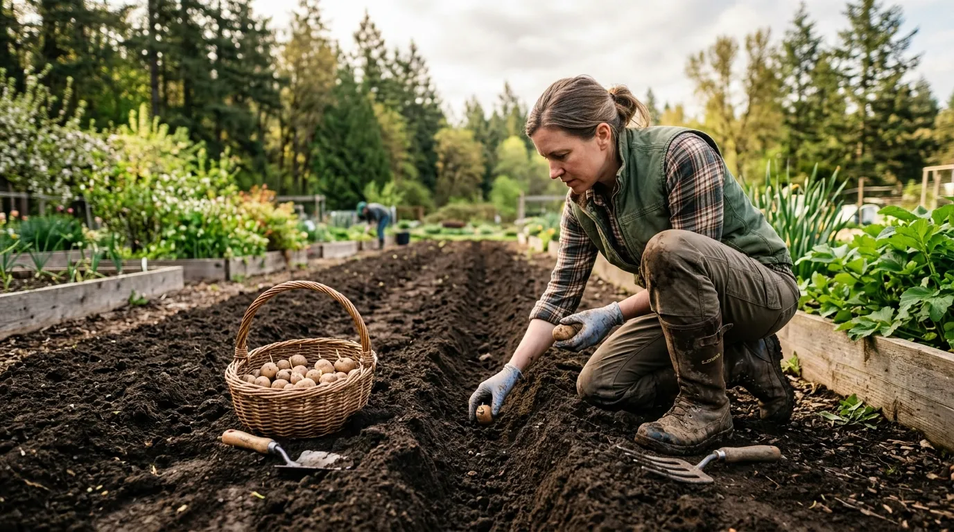 US gardener planting seed potatoes in a freshly turned spring row at sunrise, basket of seed potatoes nearby