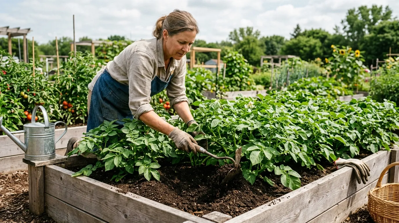 Gardener mounding soil around potato plants in a Midwest US raised bed mid-season