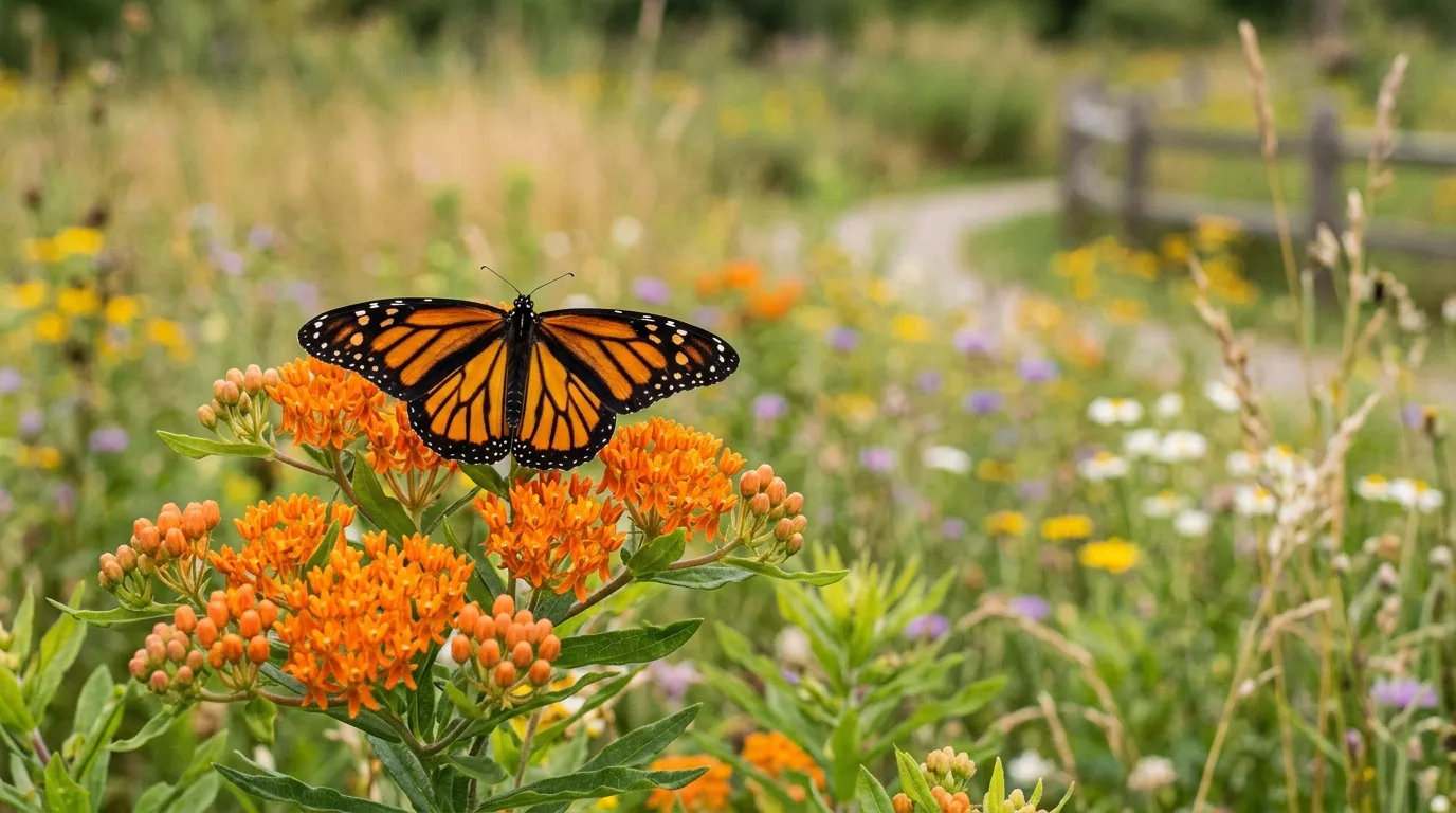 A monarch butterfly on orange milkweed flowers with wings spread