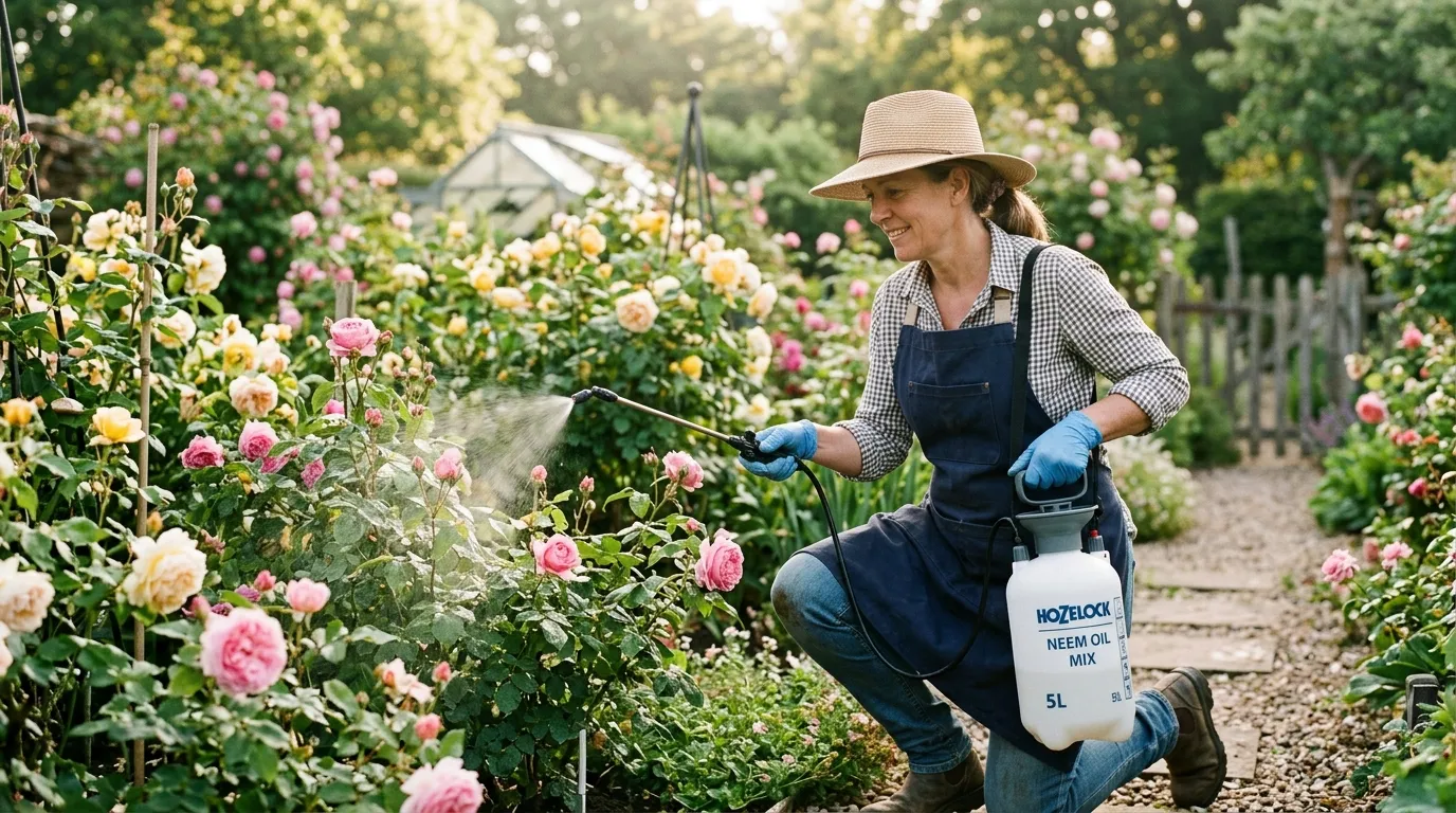 A gardener spraying neem oil solution on rose bushes with a pump sprayer