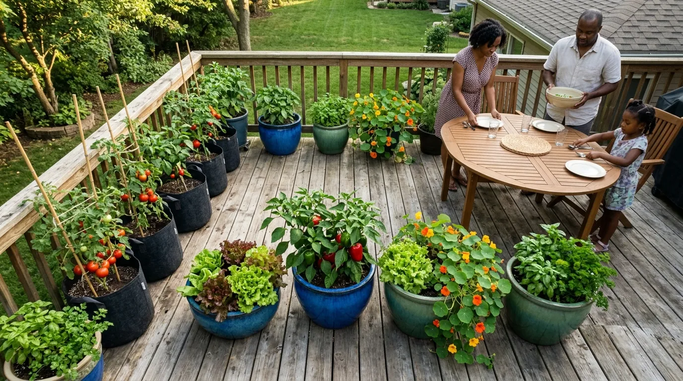 Overhead view of Midwest wood-deck patio with vegetable containers, peppers, lettuce, and trailing nasturtiums