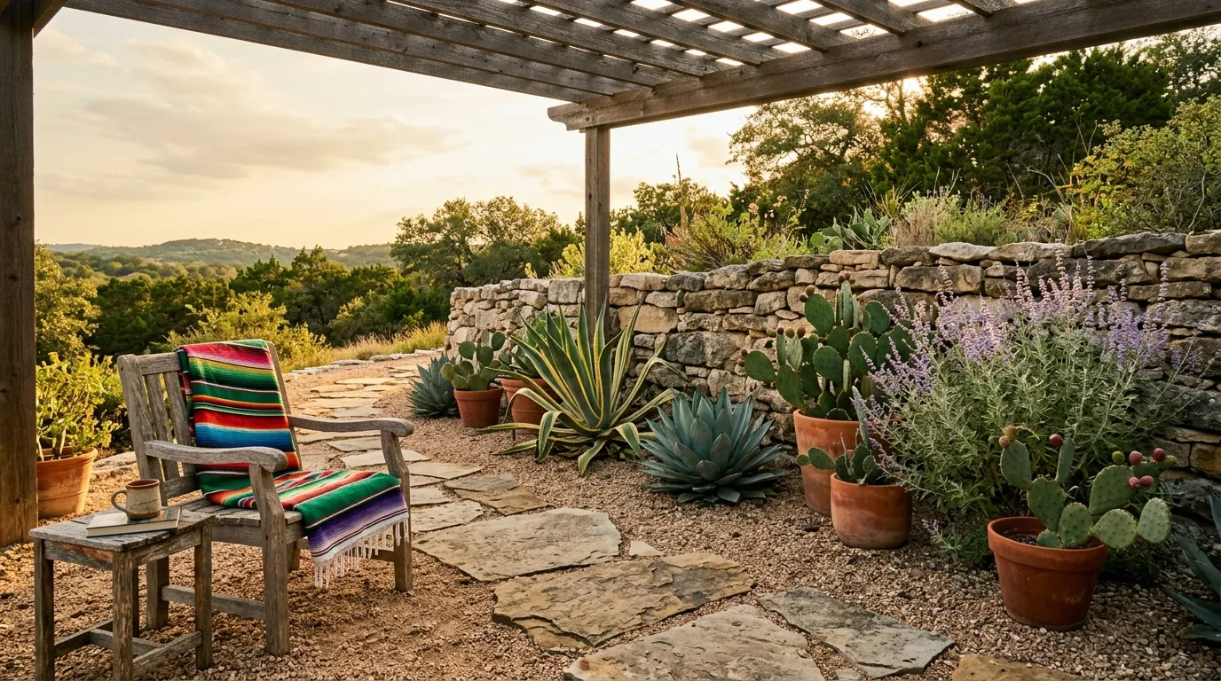 Texas Hill Country drought-tolerant patio with agave, prickly pear, and Russian sage in unglazed terracotta