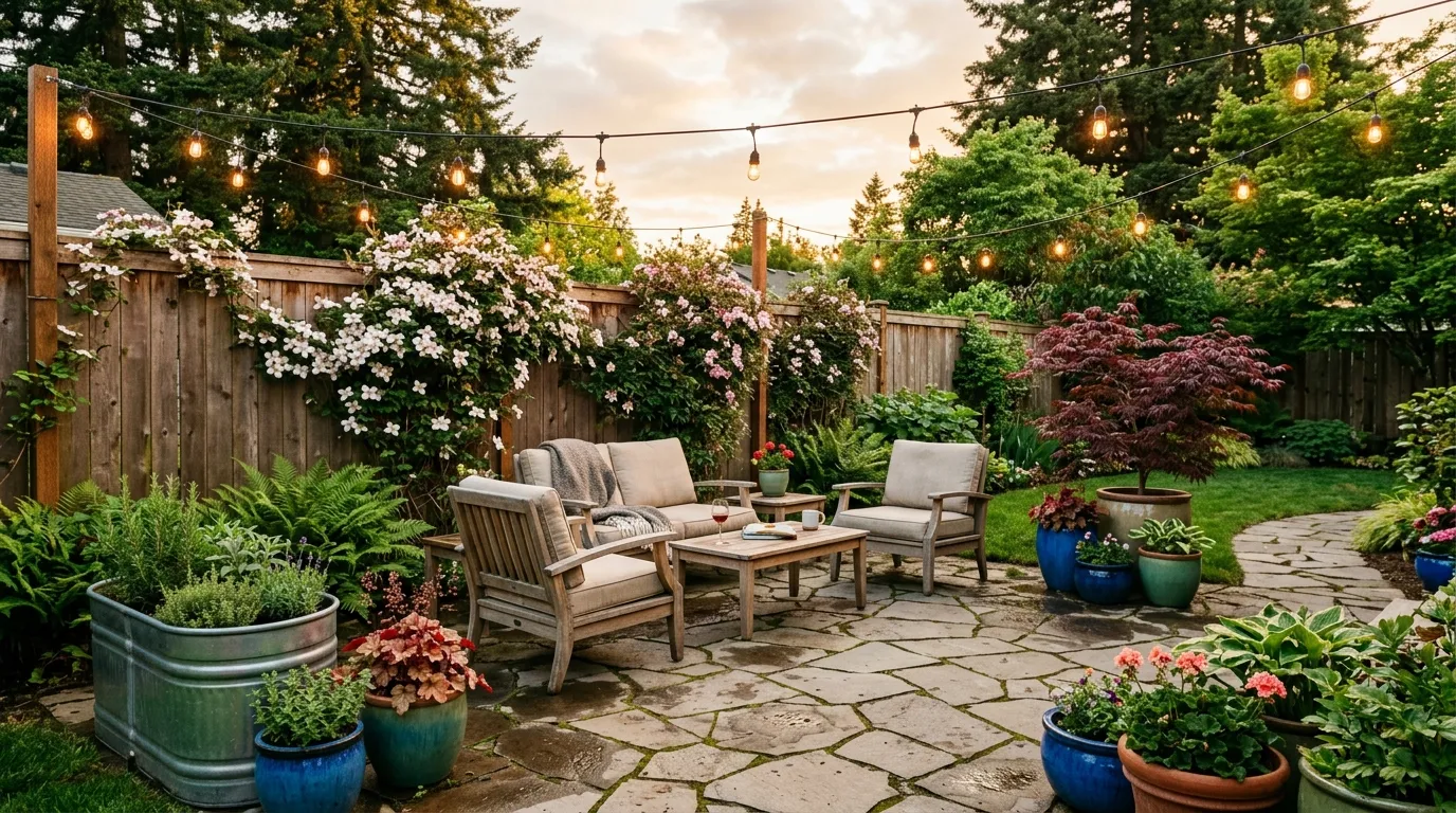 Pacific Northwest patio at golden hour with potted ornamentals, herb containers, and string lights over teak seating