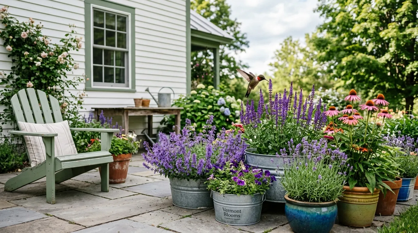 New England cottage patio with mixed pollinator containers of catmint, salvia, and lavender with a hummingbird