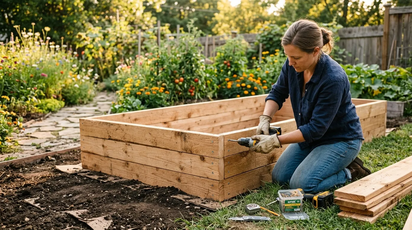 A wooden raised bed being built in a backyard with cedar boards