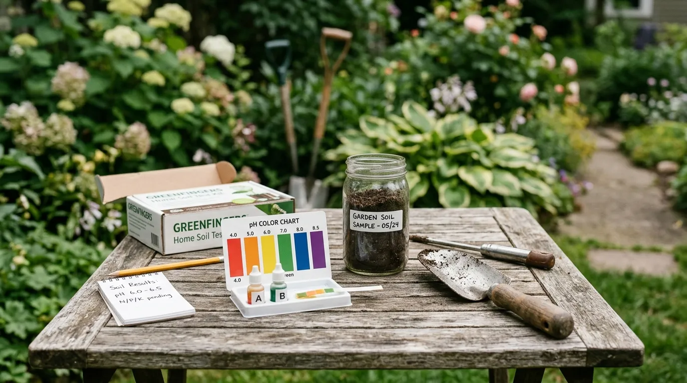A home soil testing kit with pH strips and color chart on a garden table