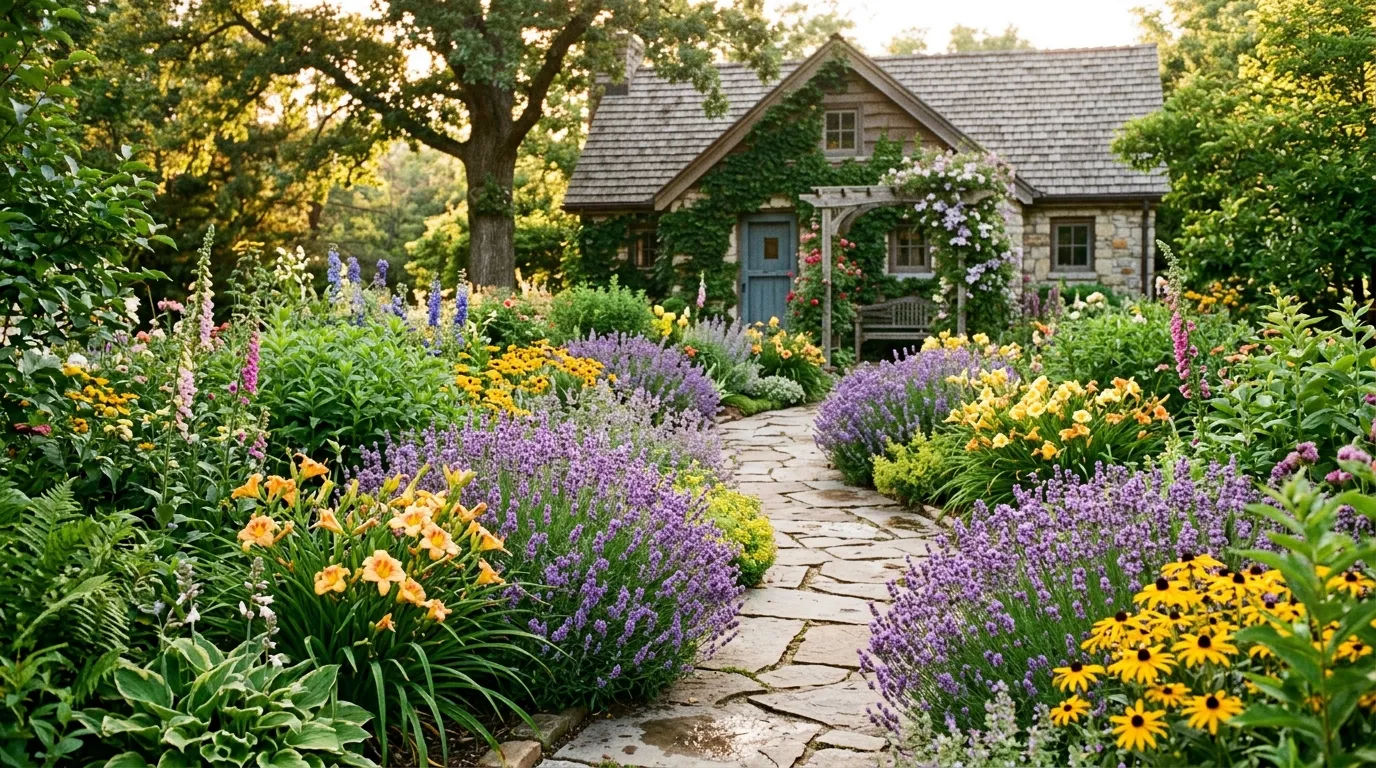 Spring perennial garden pathway with lavender, daylilies, and black-eyed susans