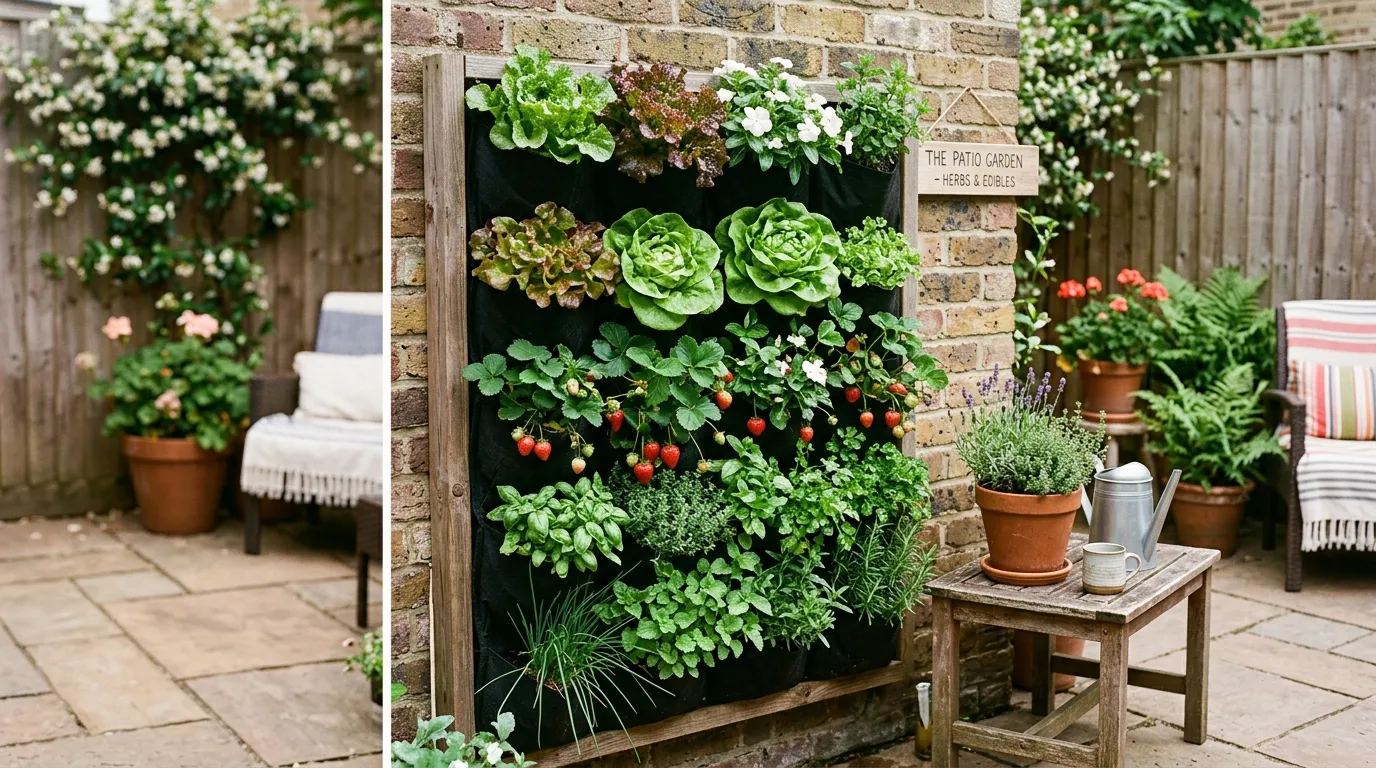 A vertical garden wall with pocket planters growing lettuce and herbs